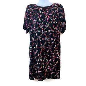 Black Silk Multicolor Sequin Short Sleeve Dress with Shoulder Pads